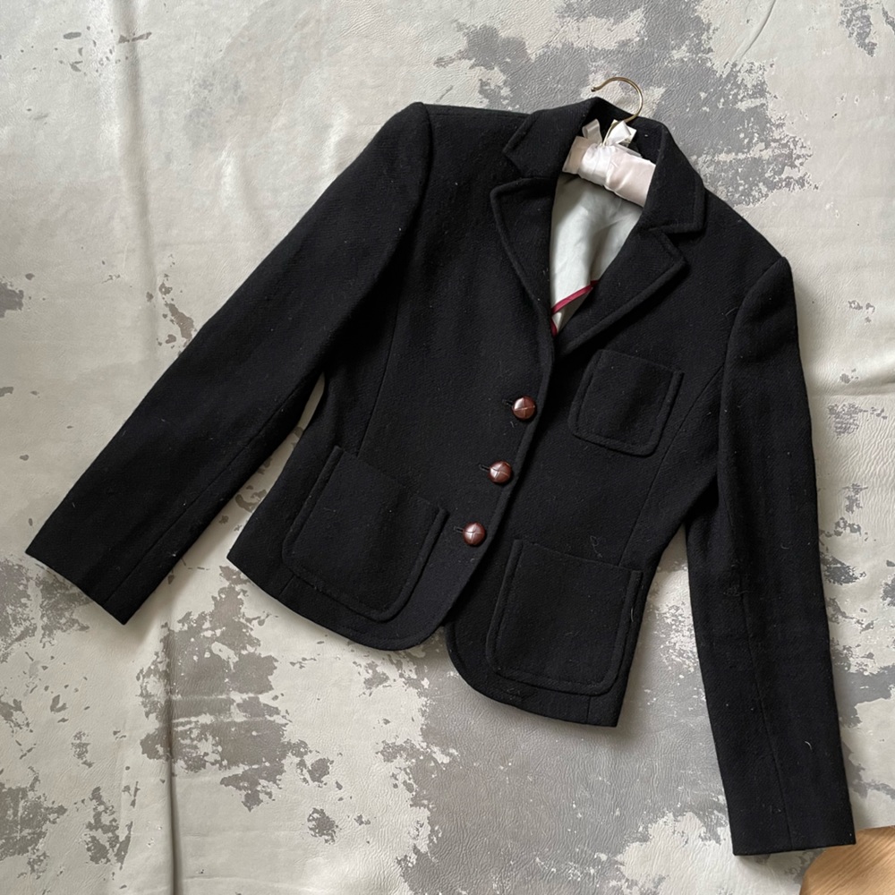 $295 J. Crew Factory black wool blazer preppy leather buttons size 2